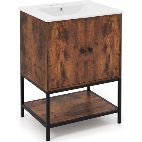 COSTWAY Meuble de Salle de Bain avec Lavabo, Meuble de Rangement avec Lavabo en Céramique, 2 Portes et Etagère Ouverte, Meuble de Lavabo Autoportant avec Kit Anti-Basculement, Marron Rustique (1/5)