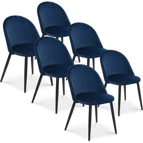 Lot de 6 chaises Cecilia velours Bleu pieds noirs (1/2)