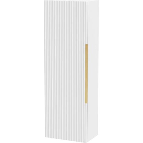 Fluted Front Wall Hung Single Door Tall Bathroom Storage Unit, 400mm, White, Brushed Brass Handle
