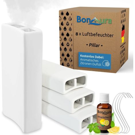 BonAura® Luftbefeuchter Heizung Keramik I Haken & Duftöl [4er, 8er, 12er Set, 400ml] I Wasserverdunster für Heizkörper mit Duft I Verdunster & Befeuchter Wasser Behälter - 8 Stück