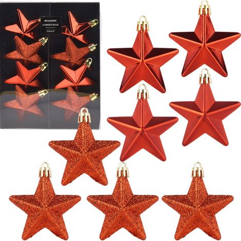 Bruchsichere rote Christbaumkugeln mit Sternen, 6,5 cm Durchmesser, 8 Stück