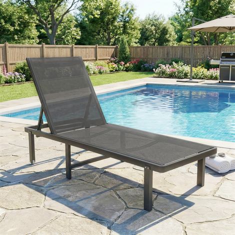 Bain de Soleil Transat de Jardin avec Roulettes Inclinable à Plat 4 Positions et Textilène 530g/m² Gris Foncé