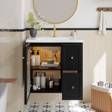 Meuble salle de bain mural vasque céramique LED noir blanc porte verre cannelé poignées métal fermeture amortie