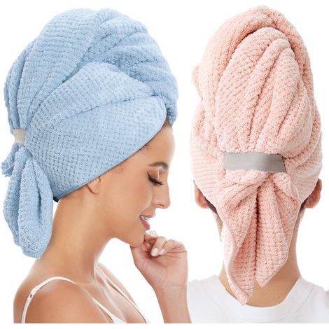 Toalla para el cabello de secado rápido de 2 piezas con pañuelo absorbente elástico de cobertura total para cabello largo, grueso y rizado mojado - Rosa, azul (1/5)