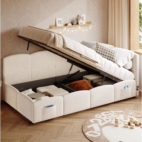 Bettsofa 90x190 cm beige aus Samt, mit hydraulischem Stauraum, USB-A/USB-C und Seitentaschen