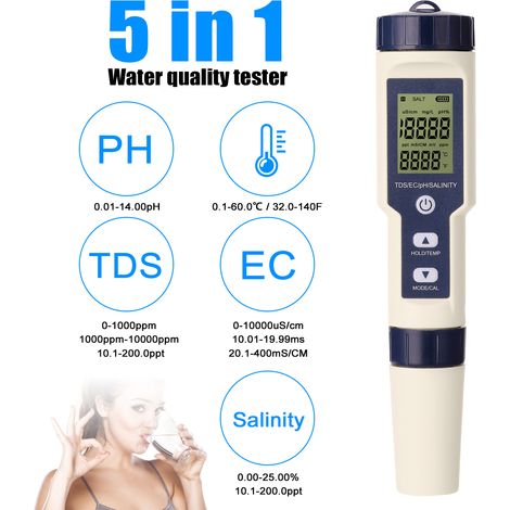 Testeur multiparamètres professionnel 5 en 1, PH/EC/TDS/salinité/thermomètre, testeur numérique multifonction de qualité de l'eau (1/5)