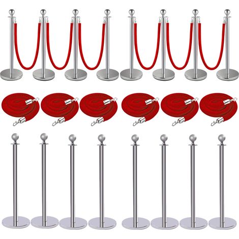 8 Edelstahl-Absperrgitter, 95 cm hoch, mit 6 roten Samtbanden à 1,5 m – ideal für Besucherlenkung, roten Teppich, Hochzeiten, Messen und festliche Veranstaltungen