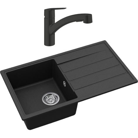 Swiss Aqua Technologies Lavello da incasso 76x44 cm con scarico in granito + miscelatore monocomando con doccetta a 2 getti, nero opaco (SATSINKGE3B-SET