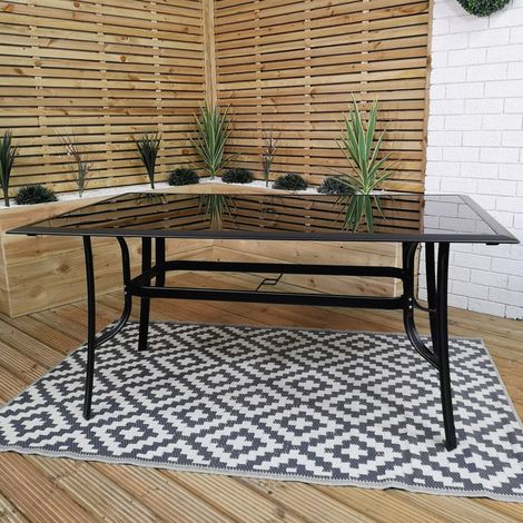 6 Person Rectangular Black Garden Patio Table with Glass Top & Parasol Hole (1/5)