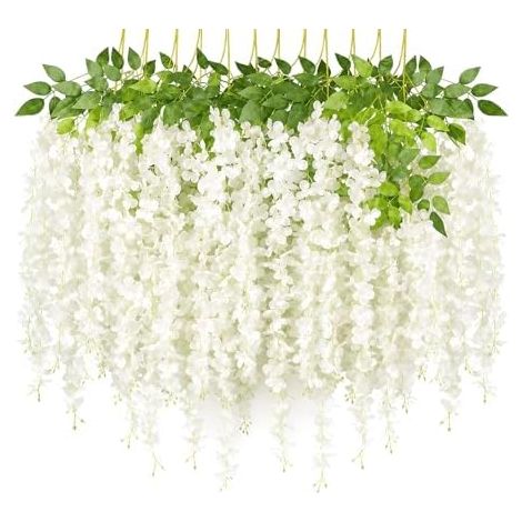 Lot 24 Glycines Artificielles, 110 cm, Blanc, Mariage, Maison, Jardin, Fête, Restaurant, Déco, Suspendue, Soie (1/5)