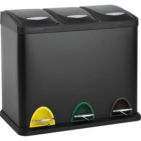 Svita – Poubelle de tri sélectif 40L – 3 compartiments de 8L – Acier inoxydable noir – Mécanisme à pédale antidérapant – Dimensions 47x28x38cm - TC3X8 (1/5)