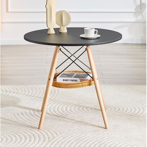 Tavolo da pranzo rotondo 80 cm nero in MDF e legno massello con cestino sospeso (1/5)