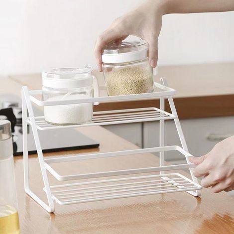Étagère à épices de comptoir de cuisine, étagère de rangement multifonctionnelle, étagère de rangement pour articles de toilette de salle de bain en fer forgé, blanche (1/5)