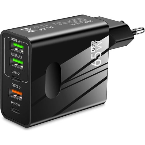 3PCS Chargeur Rapide 65W avec 5 Ports - 2 Type C et 3 Type A - Charge Rapide QC 3.0 - Compatible avec Samsung + iPhone + Xiaomi - Certifié CE - Couleur Noire 3-Stars(EU) (1/5)