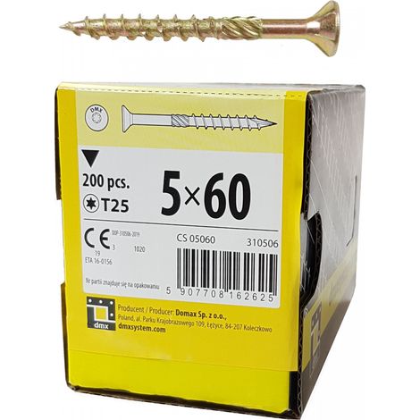 Vis autoperceuse 5x60 mm – Tête conique TX-25 – 200 pièces pour bois massif – Vissage rapide sans pré-perçage – Domax