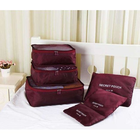 Ensemble de 6 organisateurs de bagages, couleur bordeaux, pour ranger vêtements, chaussures et accessoires en voyage.-AquaForge (1/2)