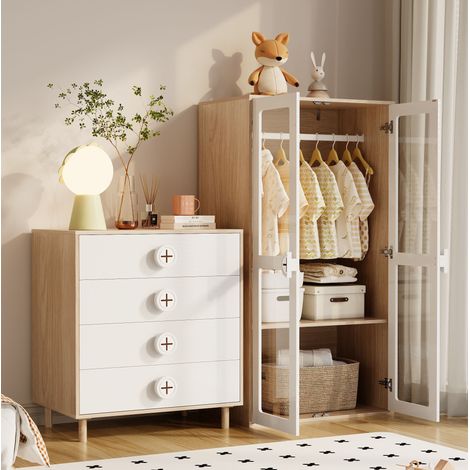 Armario ropero de MDF natural/blanco con puertas acrílicas transparentes, 10 niveles, barra y 4 cajones (1/5)