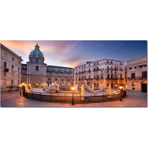 Lupia - Quadro moderno su Tela Canvas DEEP 65X143 cm, con paesaggi e localismi italiani, per casa, soggiorno, capezzale camera da letto, hotel, ufficio, PALERMO - FONTANA PRETORIA (1/4)