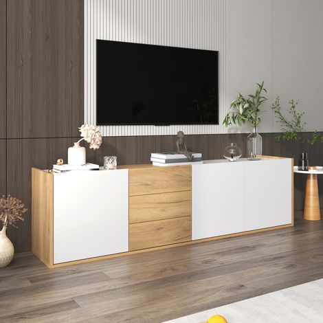 Mueble TV 171.5x35x47 cm tres puertas y tres cajones posibilidad de montaje en pared o suelo color blanco y madera (1/5)