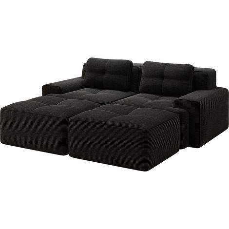 Canapé modulable 2 places en velours côtelé, profond et sans montage, avec ottoman, dossier arrondi, assise 74 cm, noir, convertible – CHICFURN (1/5)