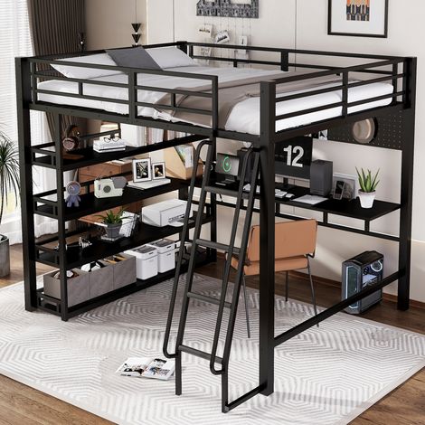 Lit mezzanine 140x200 cm - avec bureau et étagère de rangement - avec port de charge - avec échelle - Métal + panneaux de particules - Noir (sans matelas) (1/5)