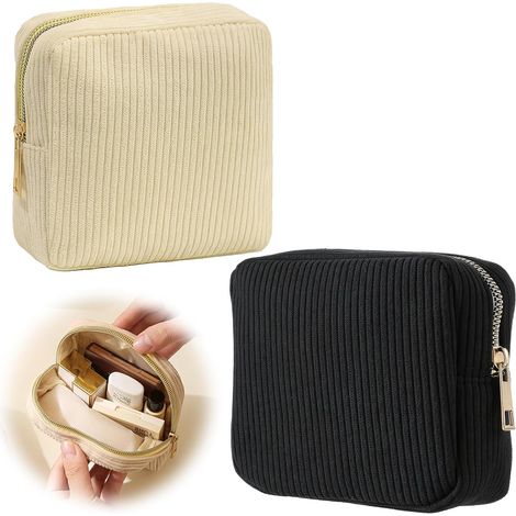 2 pcs petite trousse maquillage 12x12x5cm, velours côtelé, fermeture éclair métallique, beige et noir. (1/5)