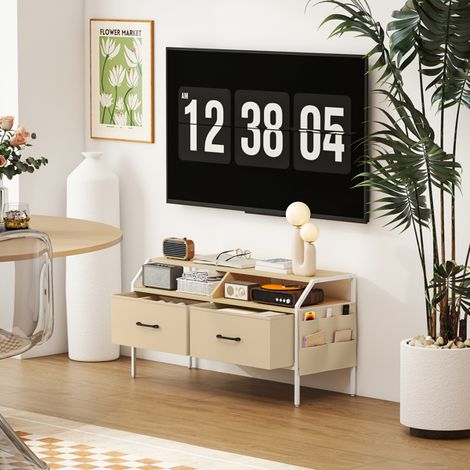 Modern Industrial TV Stand with Storage for Screens up to 55",Adjustable Feet,Easy Assembly,Natural Wood Finish,Durable Design