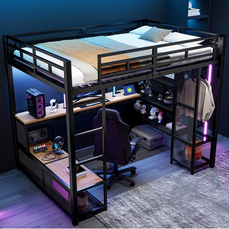 Cama alta 140x200 con escritorio y almacenaje metálica DESVIAE (1/5)