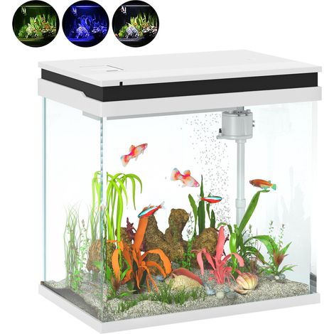 Aquarium pour poissons rouges de 26 L avec éclairage LED, système de filtration et pompe à eau, 38 x 26 x 38 cm, blanc (1/5)