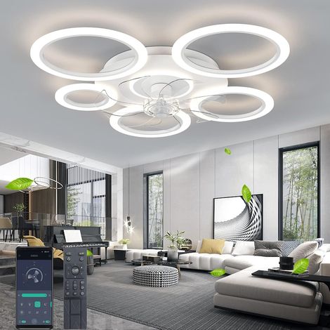 Plafond silencieux avec Lumière avec télécommande et éclairage APP Dimmable Couleur Luminosité 70W Créatif Acrylique Forme de Fleur Plafonnier avec Ventilateur (Blanc-90CM) (1/5)