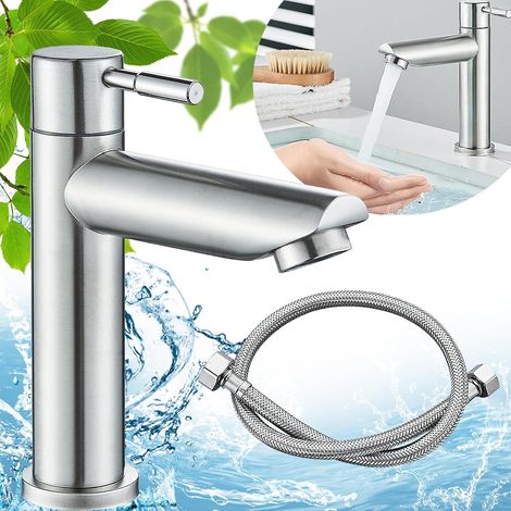 Bathroom Faucet, Cold Water Washbasin Tap, Single-Lever Mixer Tap for Bathrooms, Washbasins with 60 cm Hose, Bathrooms and Kitchens (Silver) (1/5)