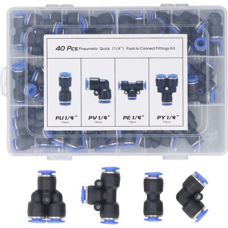 Kit de raccords pneumatiques de 1/4 pouces, 40 pièces, pousser pour connecter le séparateur, connecteurs droits coudés pour tuyaux en PE souple en Nylon PU (1/5)