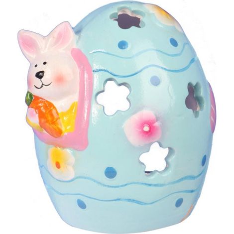 Lanterna pasquale in ceramica a forma di uovo con coniglietto rosa, adatta per candele tealight. (1/2)