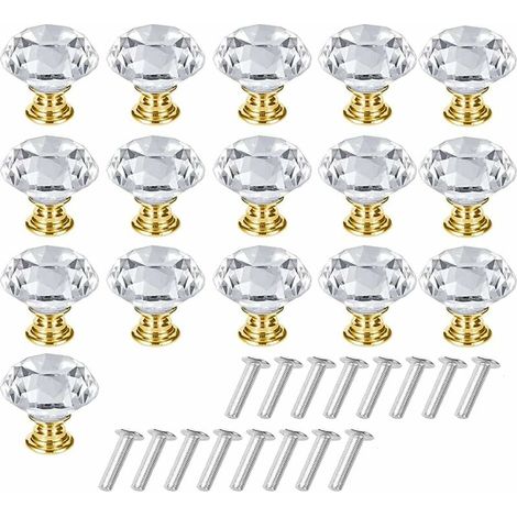16-teiliges Set Kristall-Schrankgriffe, Kristall-Schrankknöpfe, Kristall-Schubladengriffe, massive, klare Kristall-Möbelknöpfe mit Schrauben für Schminktisch, Kleiderschrank (Gold, Klar)