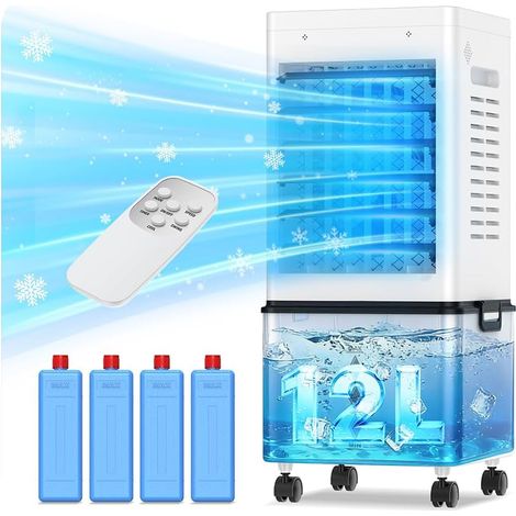 Climatiseur Mobile Silencieux Sans Évacuation 12L Rafraichisseur d'air, Entrée d'Air sur 3 Côtés, 45W, 6 Vitesses, 24H Minuterie, 3 Modes, Oscillation 60°/120°, 4 Blocs de Glace pour Chambre, Bureau (1/5)