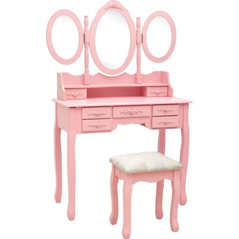 Coiffeuse avec tabouret,Table de Maquillage Moderne et miroir pliable en 3 Rose -BV29780 (1/5)