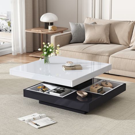 Table basse en panneaux de particules 70 x 70 x 36 cm blanc et noir, plateau pivotant 360°, 2 niveaux (1/5)
