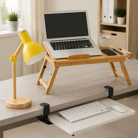 Schreibtischlampen-Set aus Holz fürs Homeoffice (3-teilig) - Retro-Holzlampe, Laptopständer aus Bambus & Tastaturablage (1/5)