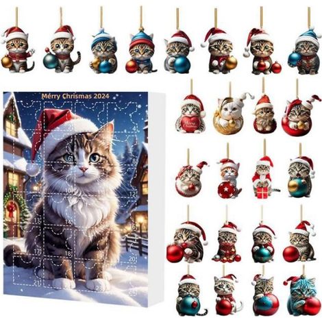 Calendrier De L Avent - Ornement Sapin Forme Chat - 24 Jours - Acrylique Multicolore - 26 X 18 X 2 5 Cm (1/3)
