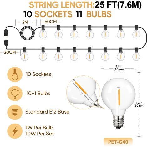 Guirlande lumineuse LED G40 incassable de 7,6 m (25 pi) avec 10 ampoules et prise européenne, étanche, connectable, pour extérieur, décoration et camping. (1/5)