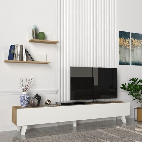 Set di Mobile TV e 2 Mensole da Muro Armadietto Porta TV 180 cm con 2 Ante a Ribalta e Mensole a Forma di L Lunghezze Diverse - Effetto Rovere / Bianco [en.casa]