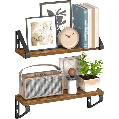 Étagère Murale Lot de 2, Étagère Rangement pour Décoration Murale, 40 x 12,8 x 11,2 cm, Marron rustique et Noir (1/5)