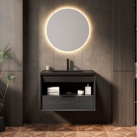 Meuble vasque suspendu 75 cm avec lavabo céramique intégré, étagère et tiroir, noir REDOM (1/5)