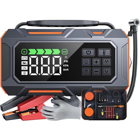 Booster Batterie Voiture avec Gonfleur 160PSI, 26800mAh Démarreur avec Kit d'urgence Voiture, Booster Moto avec 5 LED, Kit Réparation Pneus, Marteau Sécurité (Tous Gaz/12L Diesel) (1/5)