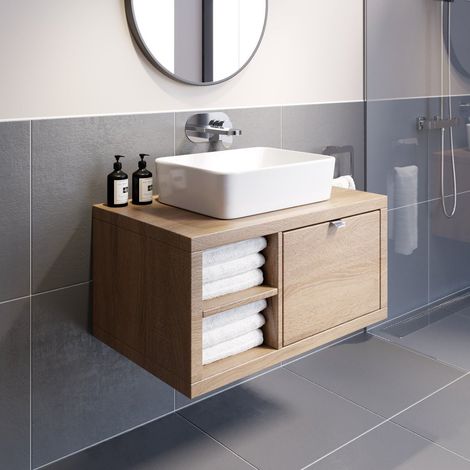 Bathroom Oak Wall Hung Vanity Unit and Basin Sink Cabinet Storage 800mm Shelving Unit with 480mm Rectangular White Basin (1/5)