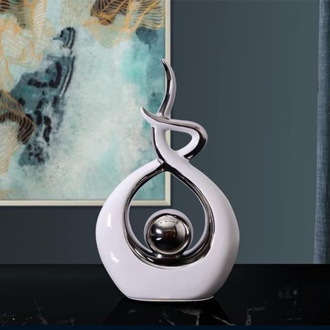 Statue en Céramique Abstraite Blanc et Argent, Sculpture Moderne de Décoration pour Salon et Bureau (1/3)
