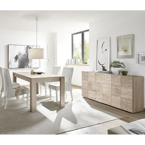 Salle à manger complète moderne en bois – Buffet et table 180cm – Pour 6 personnes – Chêne naturel et blanc laqué