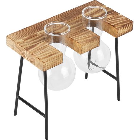 Pot de fleurs de bureau en verre avec support en bois, vase en verre pour plantes hydroponiques, idéal pour la maison, le bureau et le jardin (2 bouteilles). (1/5)
