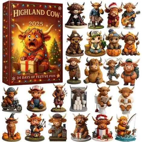 Calendrier de l'Avent 2025 Vache des Highlands, vache des Highlands 2D 2025, décoration bovine, calendrier de Noël pour la maison, décoration de Noël, 26 x 18 x 4 cm (1/5)