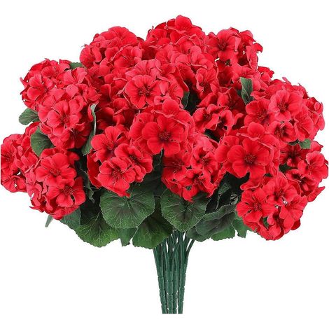 Lot de 6/12 fleurs de géranium artificielles pour la décoration intérieure extérieure jardin et terrasse - 1 pièce - Rouge (1/5)